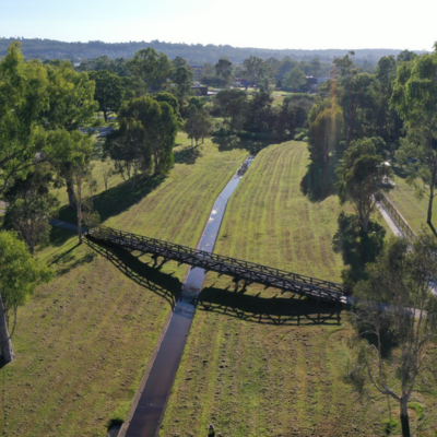 An aerial view of the Mable park bridge area