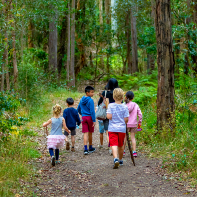 A group of children and adults walking in the bush