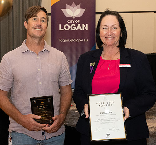 From left: Runner up for Safer Community Places and Spaces - Mr Luke Viil (representing the LCC Public Lighting Team) &amp; Cr Teresa Lane - Division 2.