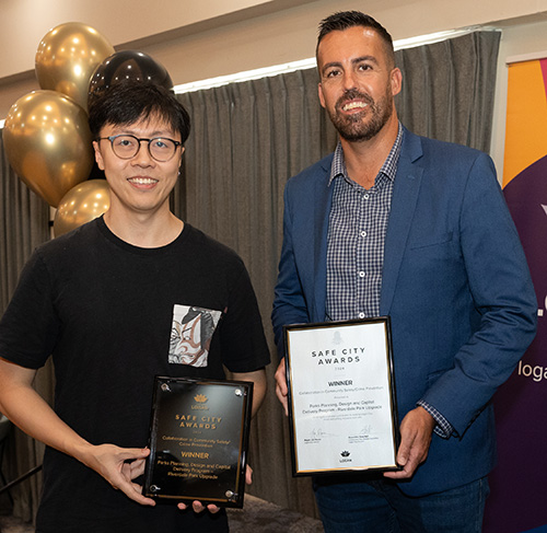 from left: Winner for Collaboration in Community Safety/ Crime Prevention - Mr Lucas Lu (representing the LCC Parks, Planning Design &amp; Capital Delivery Program) and Cr Nathan St Ledger - Division 4