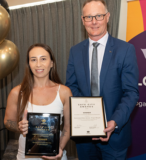 From left: Winner for Innovation in Community/ Safety/ Crime Prevention - Ms Zuanetti (representing Queensland Police Service - Project Booyah) &amp; Mr Brad White - Director Community &amp; Lifestyle