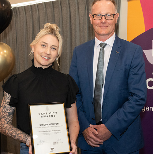 From left: Special Mention for Innovation in Community Safety/ Crime Prevention - Ms McCarthy (representing Wheelnutz Garage, Shifting Gears Program) &amp; Mr Brad White - Director Community &amp; Lifestyle