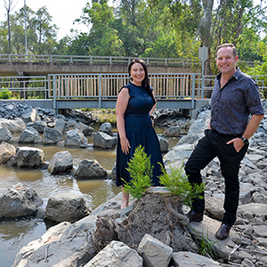 City of Logan Mayor Jon Raven and Division 3 Cr Mindy Russell at the rock ramp fishway in Scrubby Creek.