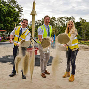 Division 10 Councillor Miriam Stemp is joined by Mayor Darren Power (centre) and Lifestyle Chair Councillor Tony Hall at the sod turning for upgrade works at Alexander Clark Park in Loganholme.