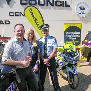 Mayor Jon Raven, Road Safety and Active Transport Advisory Group Chair, Cr Miriam Stemp and Logan District Acting Superintendent Tim Mowle.