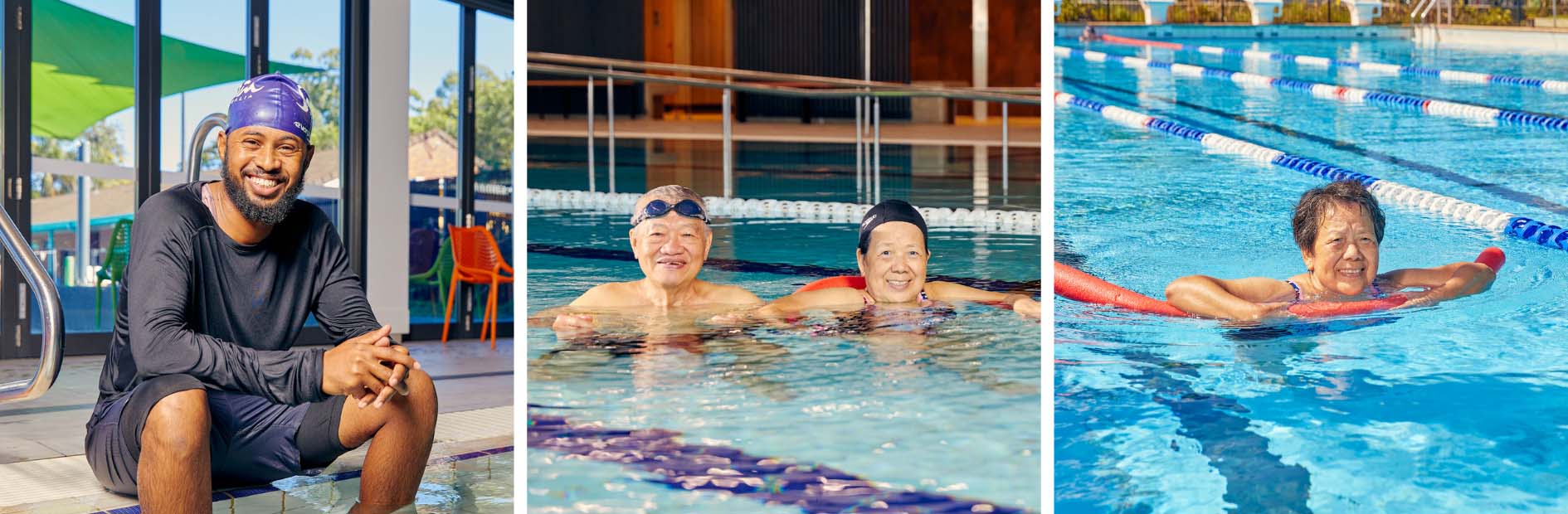 Three images side by side. Smiling man sitting by pool in a black swim suit. Two people wearing swimming caps standing shoulder deep in the water. Person paddles back on a float device.