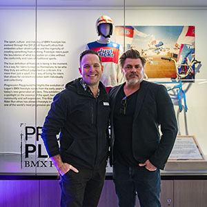 City of Logan Mayor Jon Raven (left) with Progression Playground curator BMX freestyle historian and professional rider Ross D Lavender at the recent exhibition opening at the Living Museum of Logan.