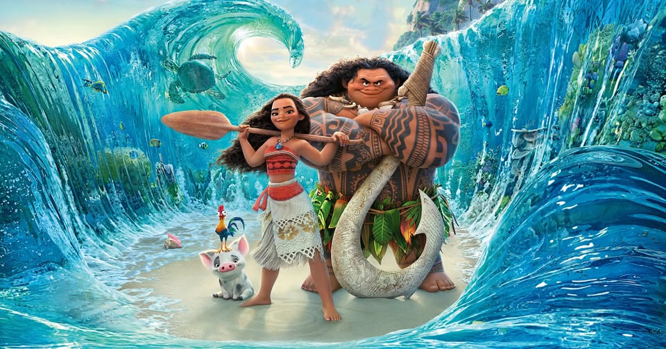 Various characters from Moana surrounded by water