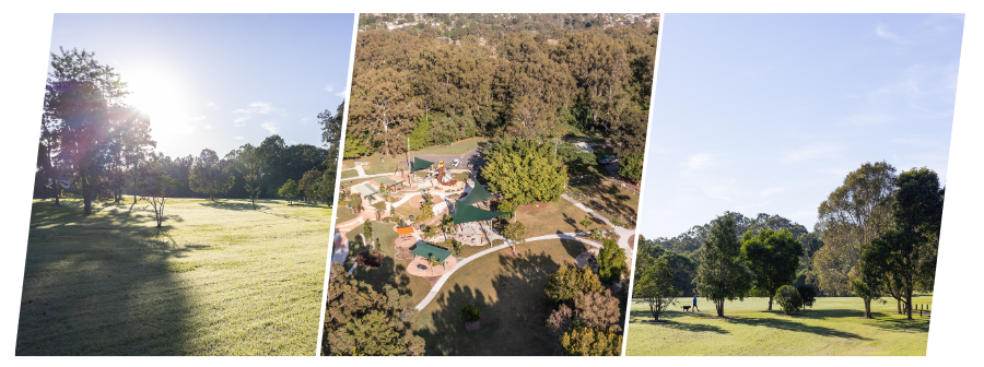 View of a park in Logan and aerial view of a park with play equipment